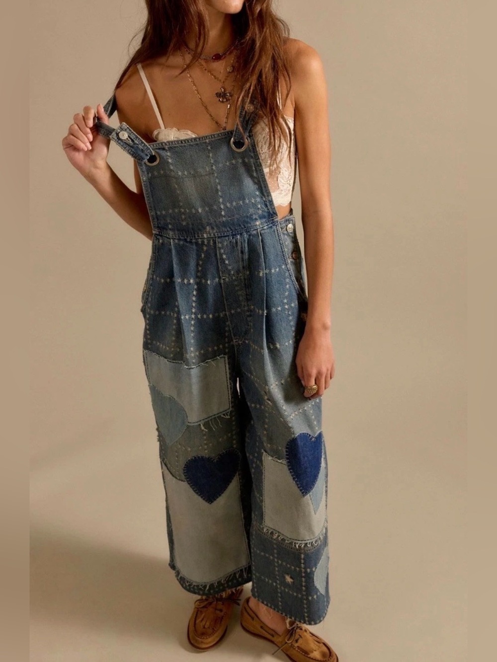 Free People We The Free Rambler Novelty Overalls Heart Appliques Denim - Picture 2 of 6